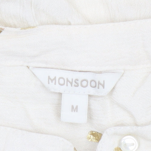 Monsoon Women Ivory M Gold Foil Crinkle Button-Up Long Sleeve Blouse
