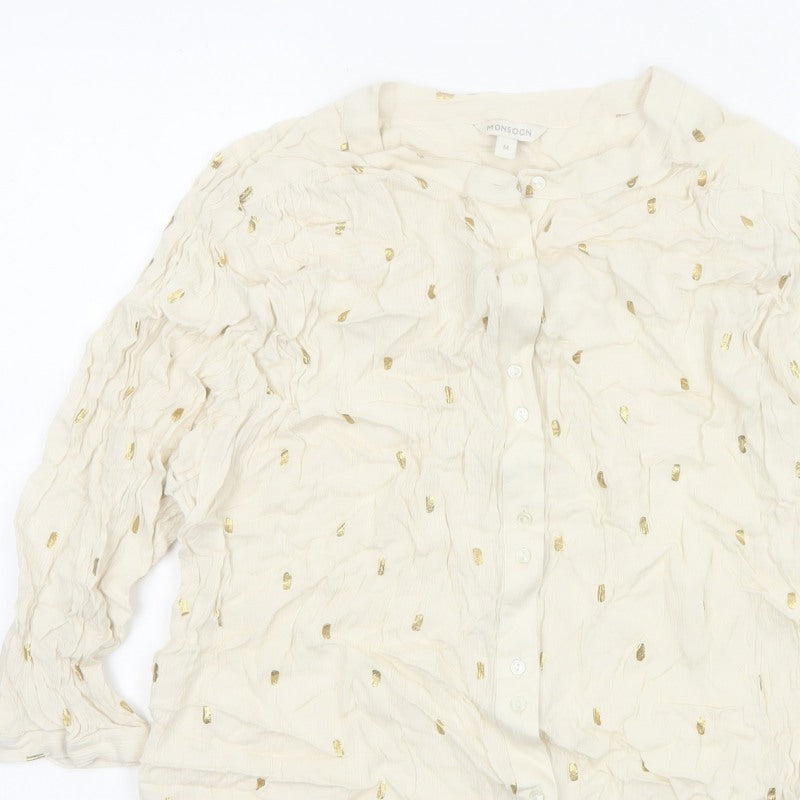 Monsoon Women Ivory M Gold Foil Crinkle Button-Up Long Sleeve Blouse