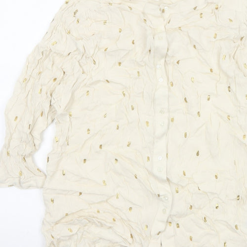 Monsoon Women Ivory M Gold Foil Crinkle Button-Up Long Sleeve Blouse