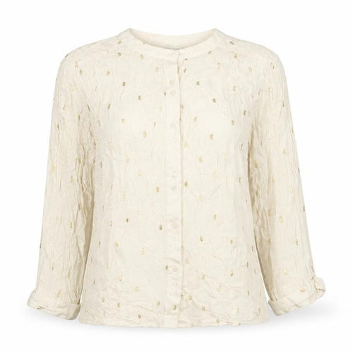 Monsoon Women Ivory M Gold Foil Crinkle Button-Up Long Sleeve Blouse