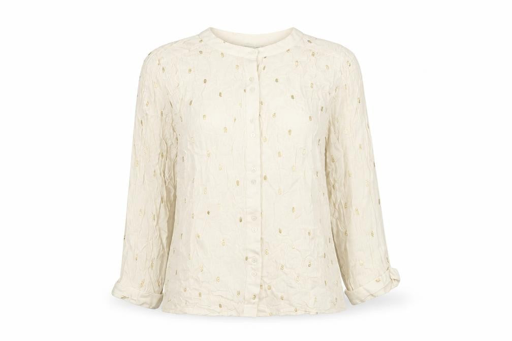 Monsoon Women Ivory M Gold Foil Crinkle Button-Up Long Sleeve Blouse