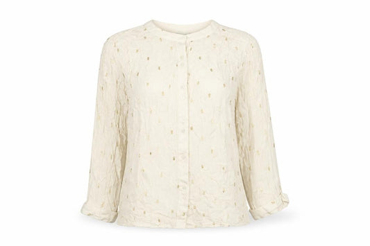Monsoon Women Ivory M Gold Foil Crinkle Button-Up Long Sleeve Blouse
