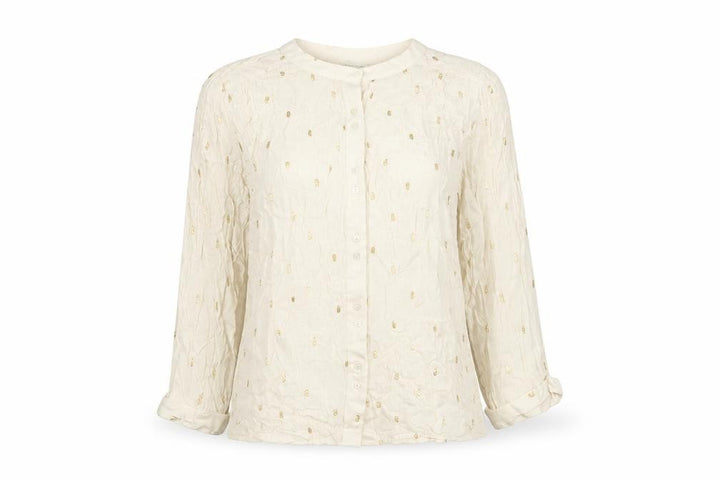 Monsoon Women Ivory M Gold Foil Crinkle Button-Up Long Sleeve Blouse