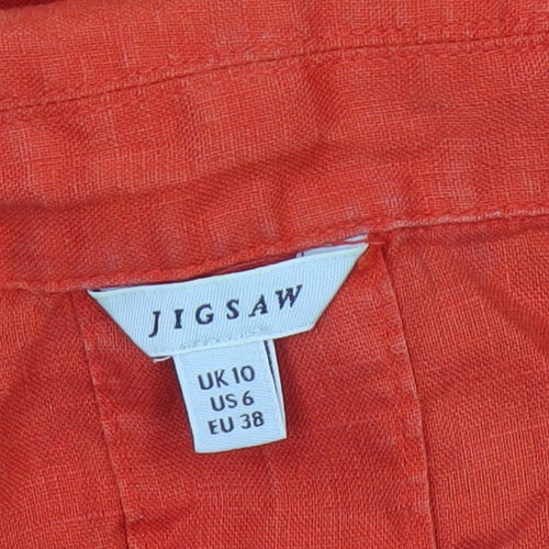 Jigsaw Women Orange UK 10 Linen Short Sleeve Collared Button-Up Shirt