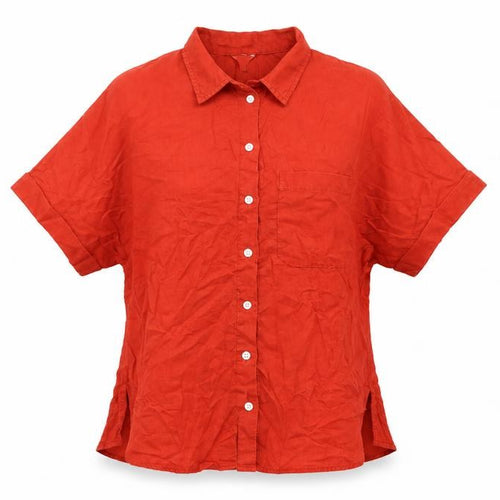 Jigsaw Women Orange UK 10 Linen Short Sleeve Collared Button-Up Shirt