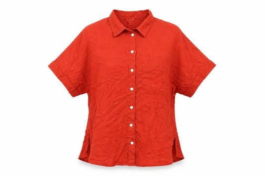 Jigsaw Women Orange UK 10 Linen Short Sleeve Collared Button-Up Shirt