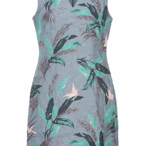 Laura Ashley Women Grey Floral Linen Fit & Flare Dress UK 10