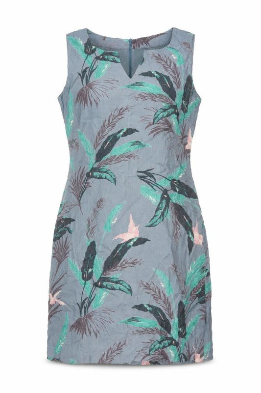 Front view of Laura Ashley Women Grey Floral Linen Fit & Flare Dress UK 10