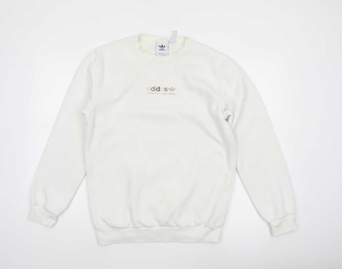 adidas Men Ivory S Pullover Crew Neck Logo Cotton Blend Sweatshirt
