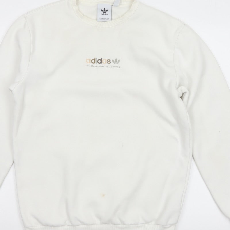 adidas Men Ivory S Pullover Crew Neck Logo Cotton Blend Sweatshirt