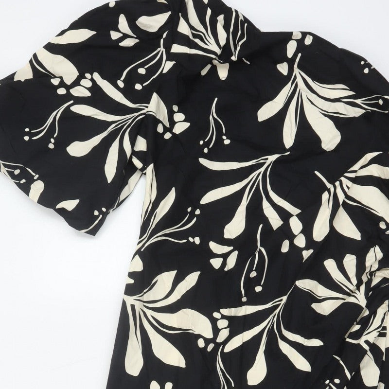 Marks & Spencer Women Black Floral Wrap Midi Dress UK 16 Short Sleeve
