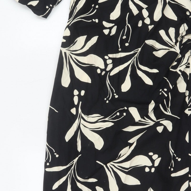 Marks & Spencer Women Black Floral Wrap Midi Dress UK 16 Short Sleeve
