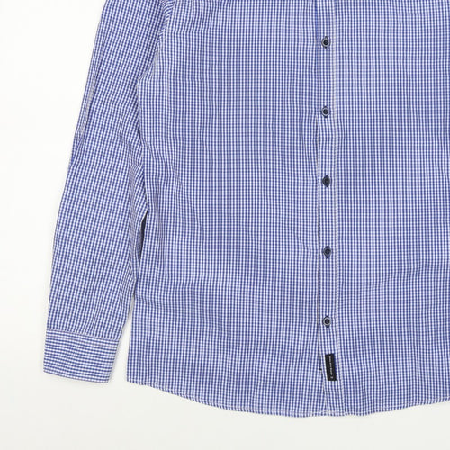 D66 Men's Blue Check Slim Fit L Cotton Blend Long Sleeve Button-Up Shirt