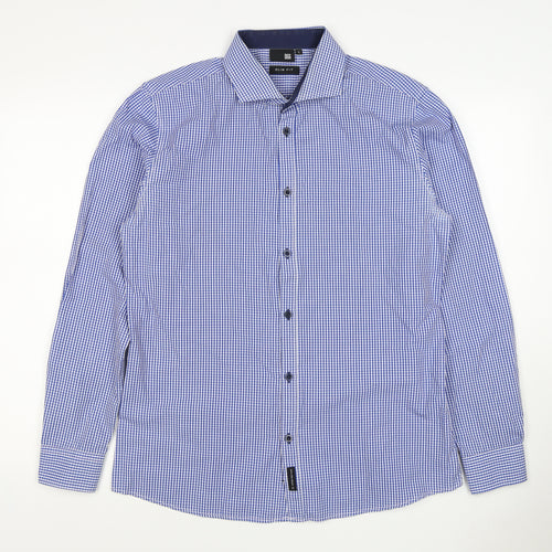 D66 Men's Blue Check Slim Fit L Cotton Blend Long Sleeve Button-Up Shirt