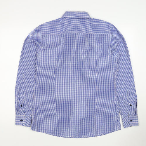 D66 Men's Blue Check Slim Fit L Cotton Blend Long Sleeve Button-Up Shirt