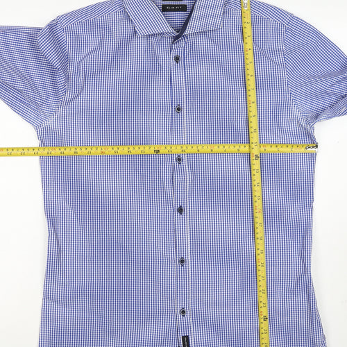 D66 Men's Blue Check Slim Fit L Cotton Blend Long Sleeve Button-Up Shirt