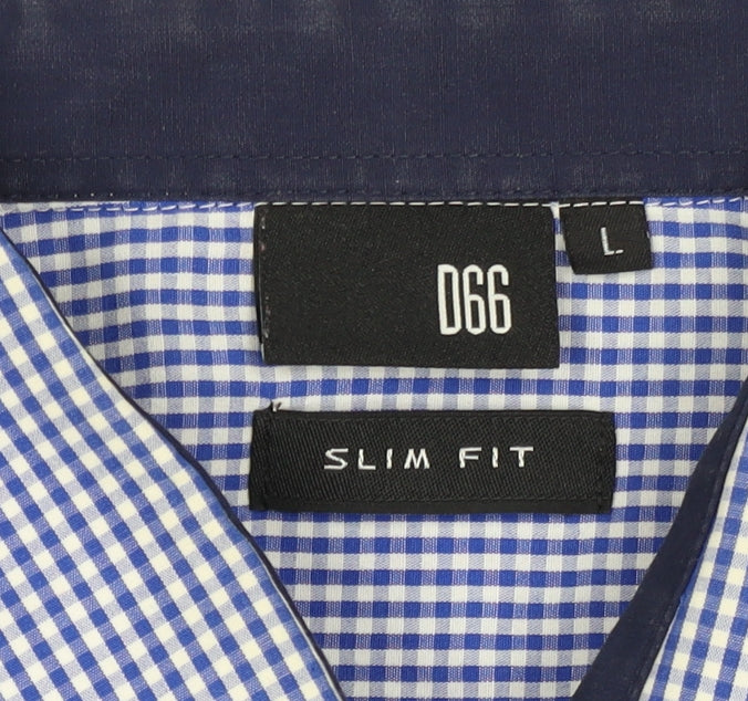 D66 Men's Blue Check Slim Fit L Cotton Blend Long Sleeve Button-Up Shirt