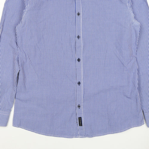 D66 Men's Blue Check Slim Fit L Cotton Blend Long Sleeve Button-Up Shirt
