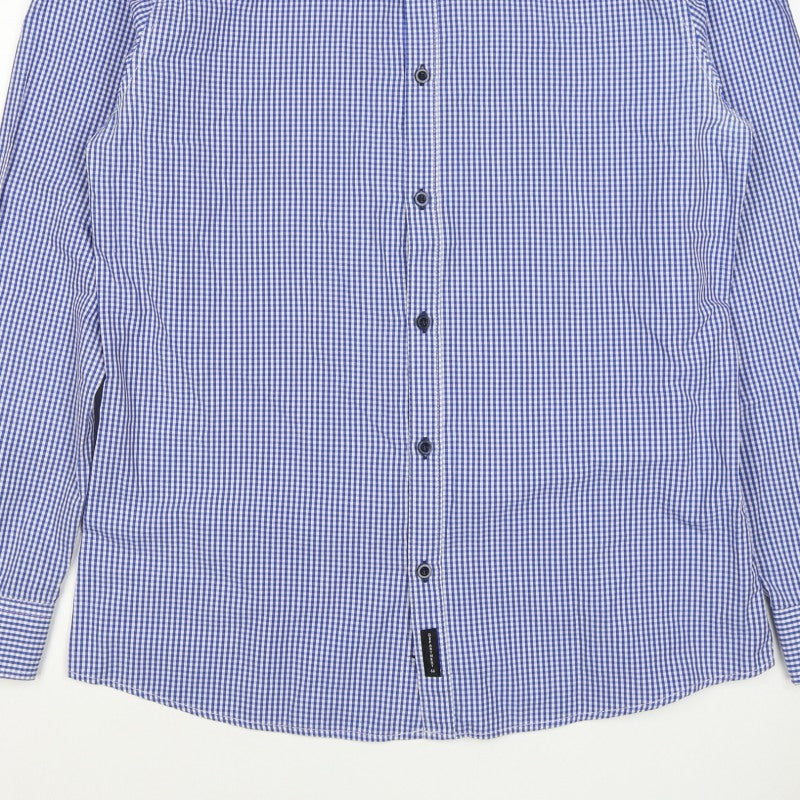 D66 Men's Blue Check Slim Fit L Cotton Blend Long Sleeve Button-Up Shirt
