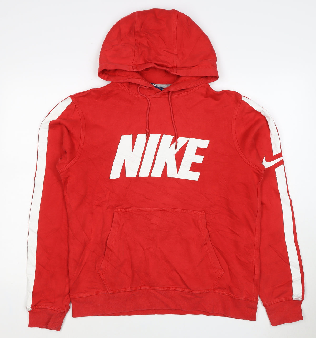 Back view of Nike Women’s Red M Pullover Hoodie Logo Stripe Cotton Blend