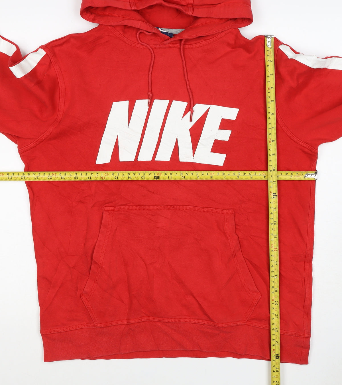 Brand and care label for Nike Women’s Red M Pullover Hoodie Logo Stripe Cotton Blend