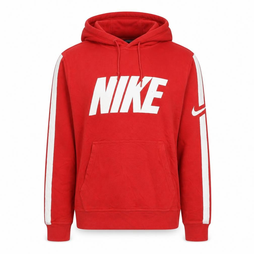 Front view of Nike Women’s Red M Pullover Hoodie Logo Stripe Cotton Blend