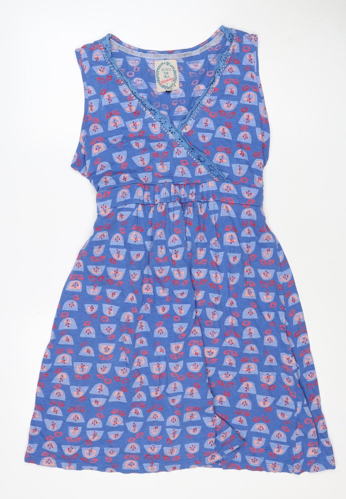 Mantaray Women Blue Geometric Cotton Fit & Flare Tie Dress UK 16