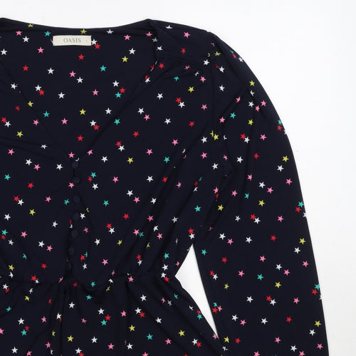 Oasis Women Multicoloured Star Print V-Neck Long Sleeve Blouse Size L