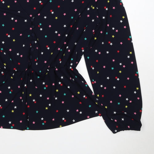 Oasis Women Multicoloured Star Print V-Neck Long Sleeve Blouse Size L
