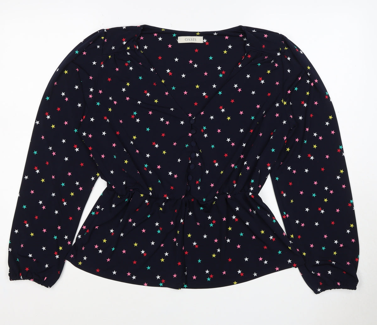 Oasis Women Multicoloured Star Print V-Neck Long Sleeve Blouse Size L