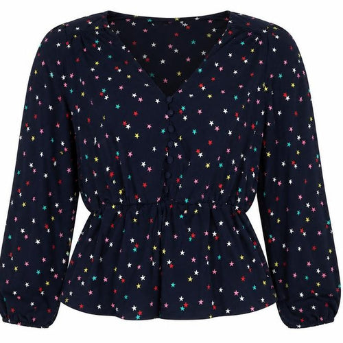 Oasis Women Multicoloured Star Print V-Neck Long Sleeve Blouse Size L