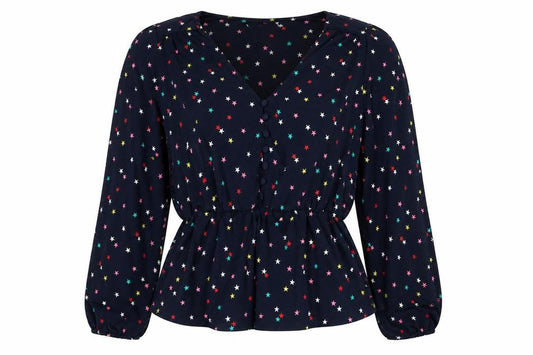Oasis Women Multicoloured Star Print V-Neck Long Sleeve Blouse Size L