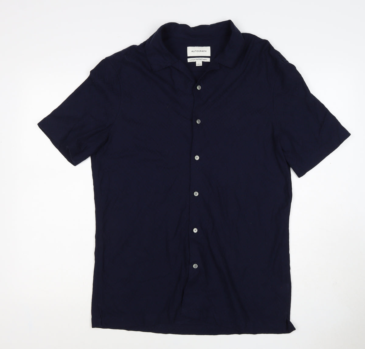 Autograph Men’s Navy Blue L Luxury Knitted Short Sleeve Button-Up Shirt