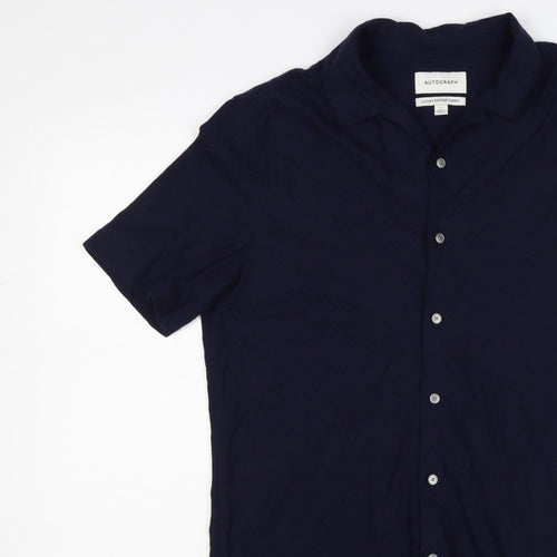 Autograph Men’s Navy Blue L Luxury Knitted Short Sleeve Button-Up Shirt