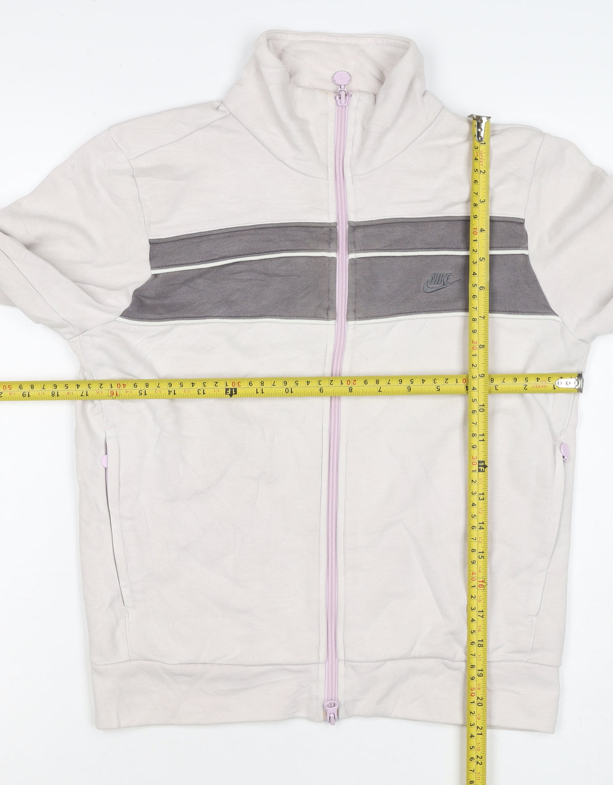 Brand and care label for Nike Women’s Beige Grey Full Zip Sweatshirt Jacket, size M