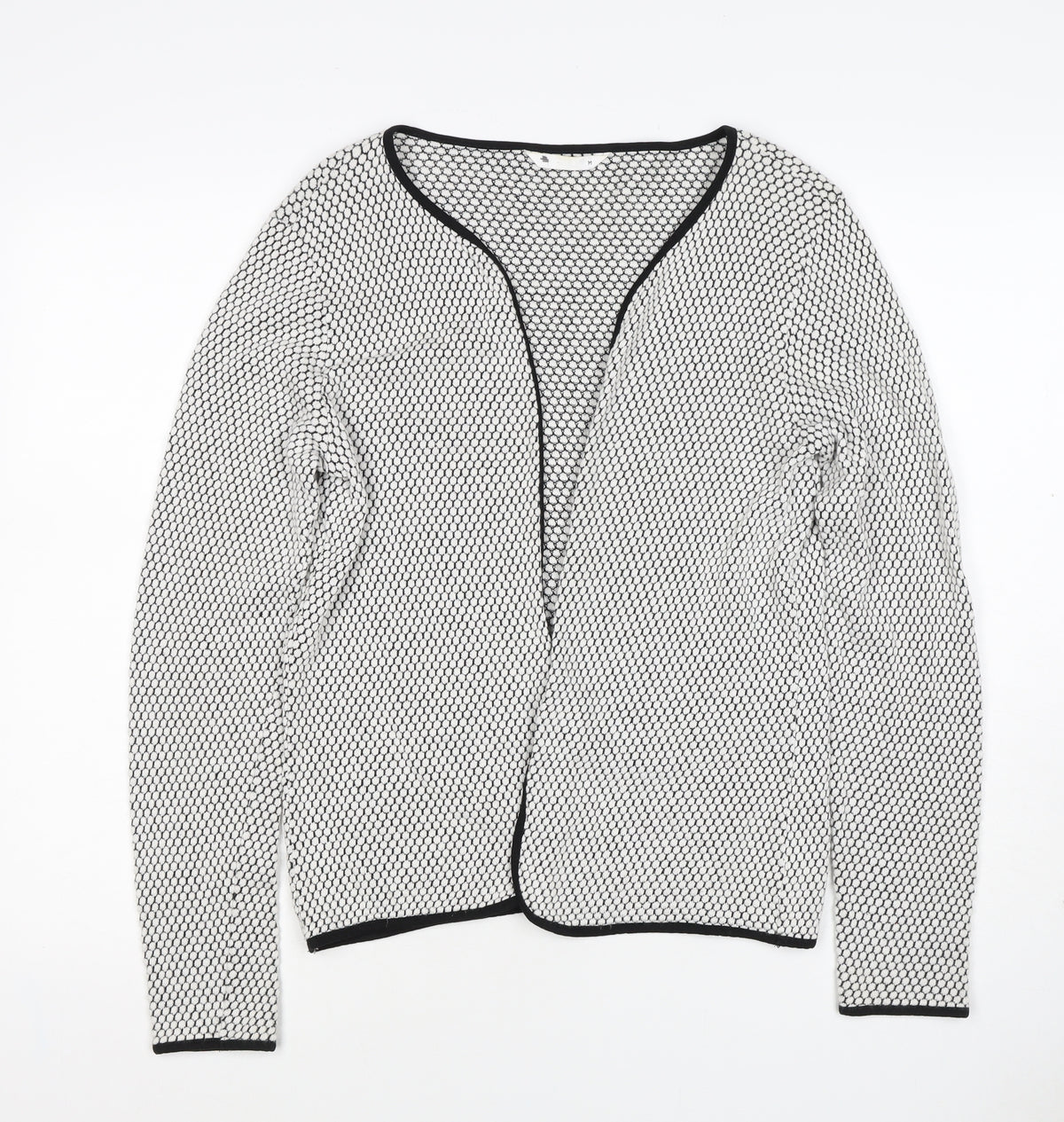 Back view of H&M Women White Black Geometric Knit Open Cardigan, size M