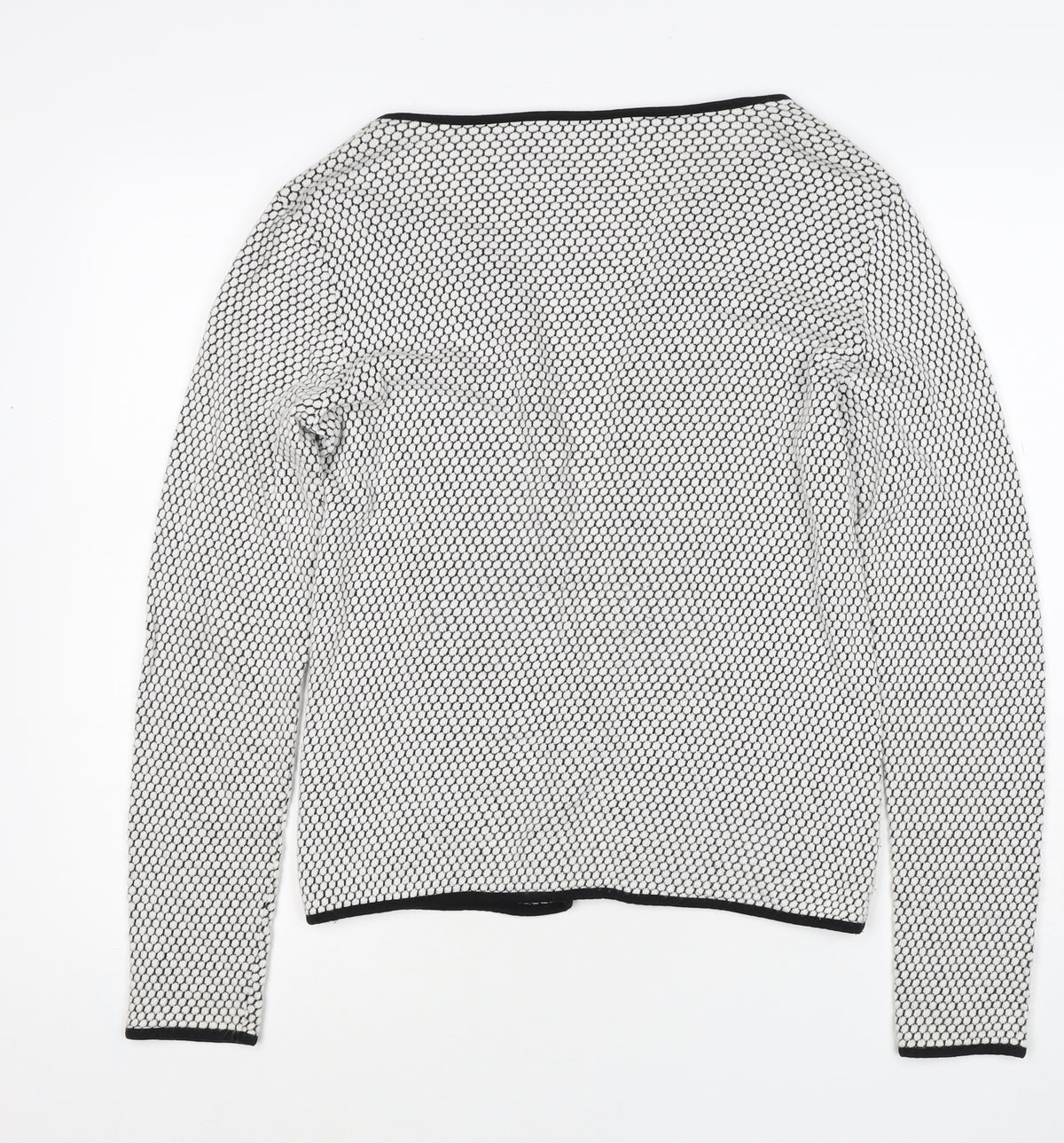 Close-up detail of H&M Women White Black Geometric Knit Open Cardigan, size M