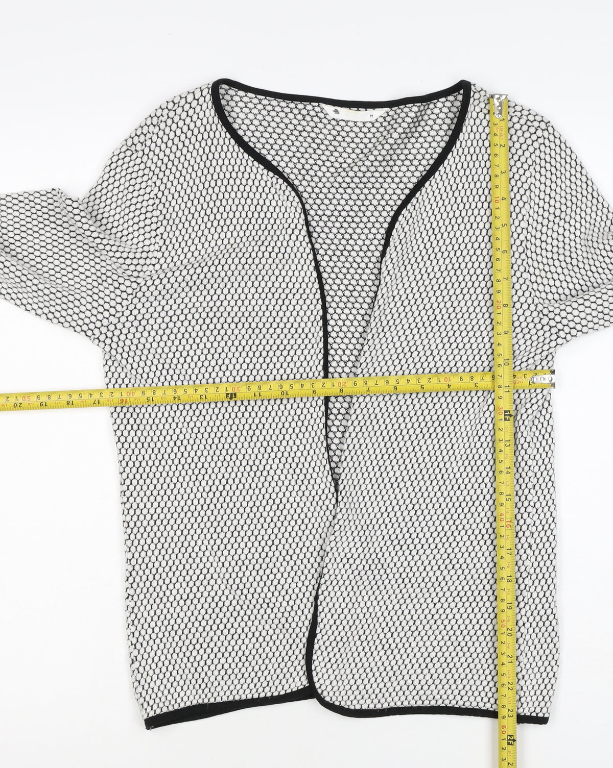 Brand and care label for H&M Women White Black Geometric Knit Open Cardigan, size M