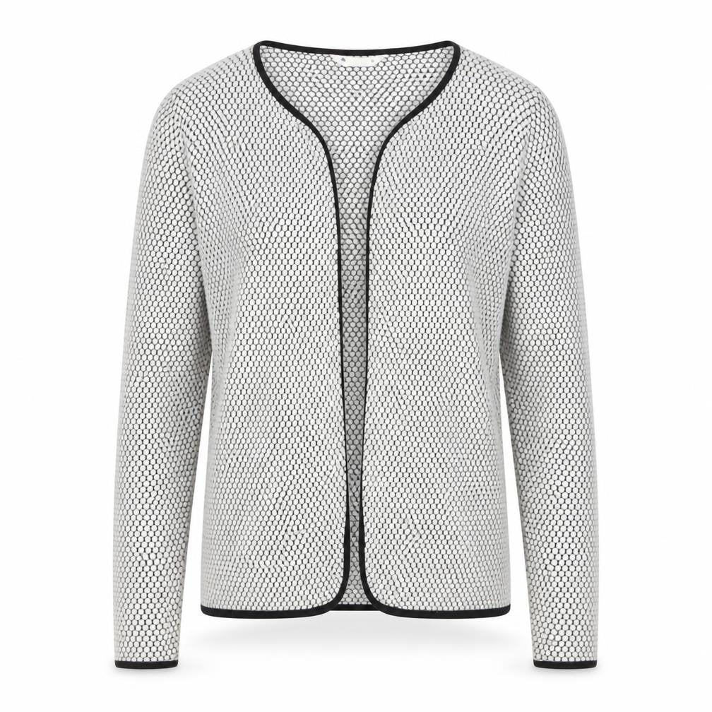 Front view of H&M Women White Black Geometric Knit Open Cardigan, size M