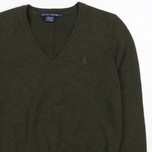Ralph Lauren Women Green M Cashmere Wool V-Neck Logo Pullover Jumper