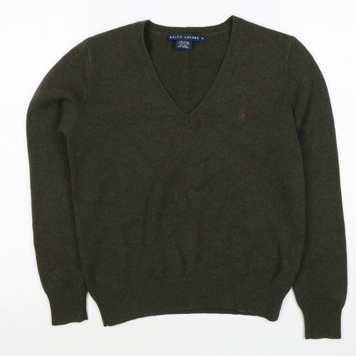 Ralph Lauren Women Green M Cashmere Wool V-Neck Logo Pullover Jumper