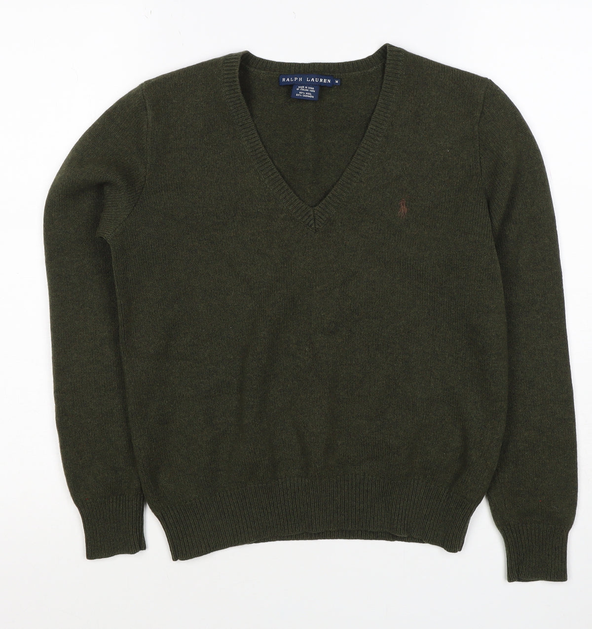Ralph Lauren Women Green M Cashmere Wool V-Neck Logo Pullover Jumper