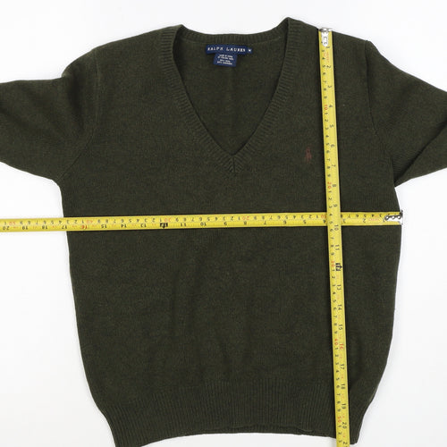 Ralph Lauren Women Green M Cashmere Wool V-Neck Logo Pullover Jumper