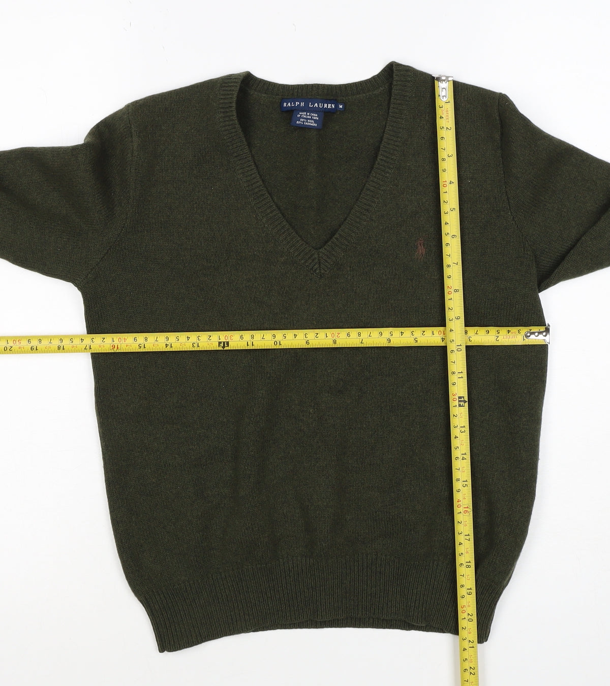 Ralph Lauren Women Green M Cashmere Wool V-Neck Logo Pullover Jumper