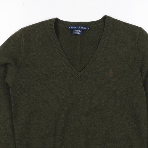 Ralph Lauren Women Green M Cashmere Wool V-Neck Logo Pullover Jumper
