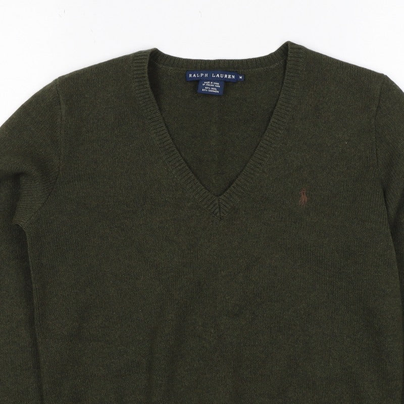 Ralph Lauren Women Green M Cashmere Wool V-Neck Logo Pullover Jumper