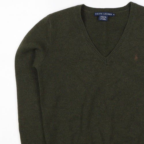 Ralph Lauren Women Green M Cashmere Wool V-Neck Logo Pullover Jumper