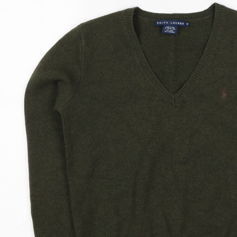 Ralph Lauren Women Green M Cashmere Wool V-Neck Logo Pullover Jumper