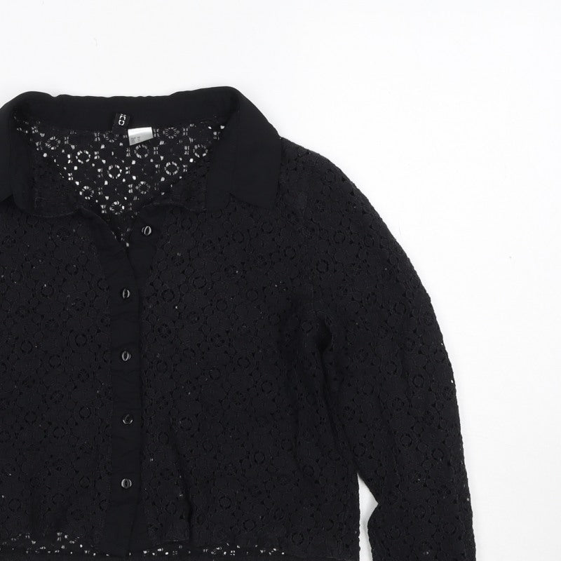 Comma Women Black UK 12 Cropped Lace Collared Button-Up Blouse