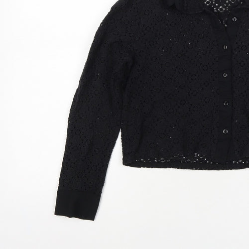 Comma Women Black UK 12 Cropped Lace Collared Button-Up Blouse